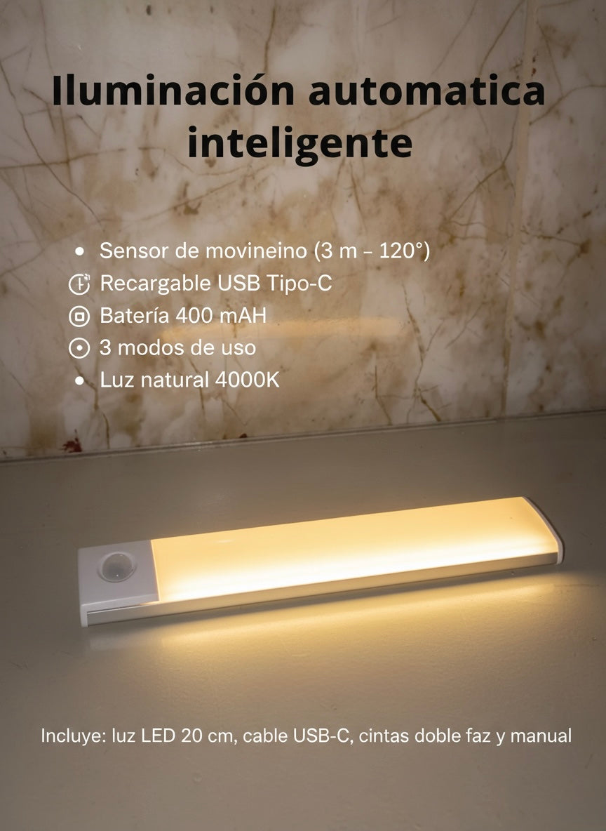 Luz LED con Sensor de Movimiento Recargable USB-C 20 cm